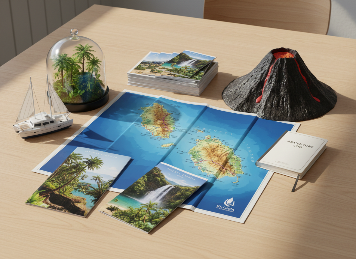 A panoramic photographic view of St. Lucia and Dominica vacation experiences represented through objects only: a glossy, detailed map of both islands spread across a smooth wooden table, surrounded by neatly arranged tour brochures, a small model of a catamaran, a miniature rainforest with lush green leaves, and a tiny volcanic peak sculpture. Soft, natural daylight from an unseen window washes across the table, creating gentle highlights and realistic shadows. Shot from a slightly elevated angle with sharp focus and a clean, professional composition, the mood is inviting and informative, ideal for a tour blog homepage. The overall style is high-end photographic realism with vibrant but natural Caribbean colors and a clutter-free, businesslike aesthetic.