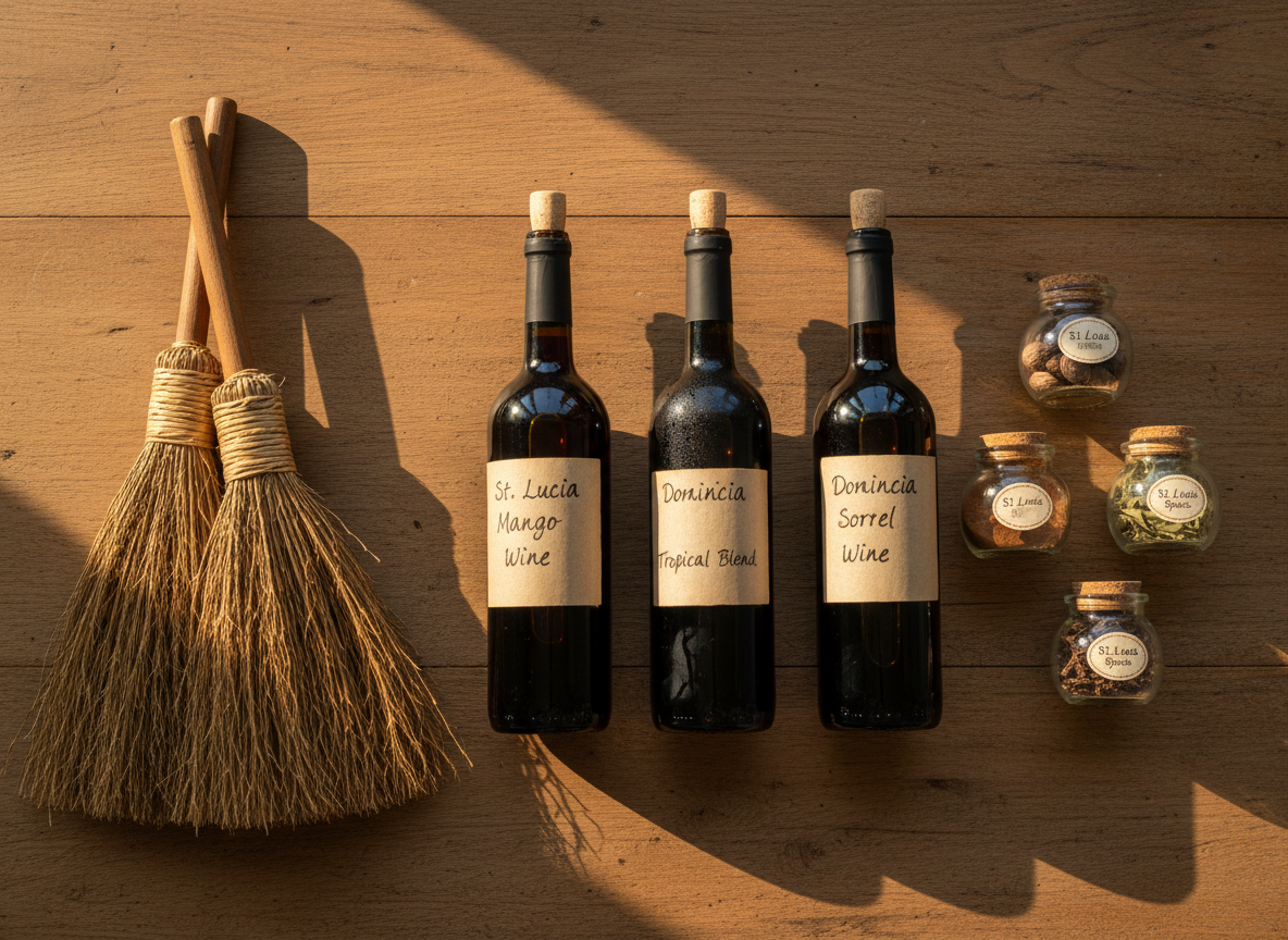 A meticulously arranged display of local products from St. Lucia and Dominica on a rustic, honey-toned wooden table: hand-tied straw brooms with tightly woven, golden fibers and smooth wooden handles; dark glass bottles of homemade fruit wine with handwritten labels; and small labeled jars of local spices. Each texture is rendered in sharp photographic realism, from the straw’s fine strands to the condensation on a chilled wine bottle. Warm afternoon light enters from the side, casting gentle, elongated shadows and giving everything a welcoming glow. Shot from a slightly elevated angle using the rule of thirds, the composition feels balanced and orderly. The mood is authentic, artisanal, and professional, reinforcing the blog’s focus on genuine Caribbean products and services.