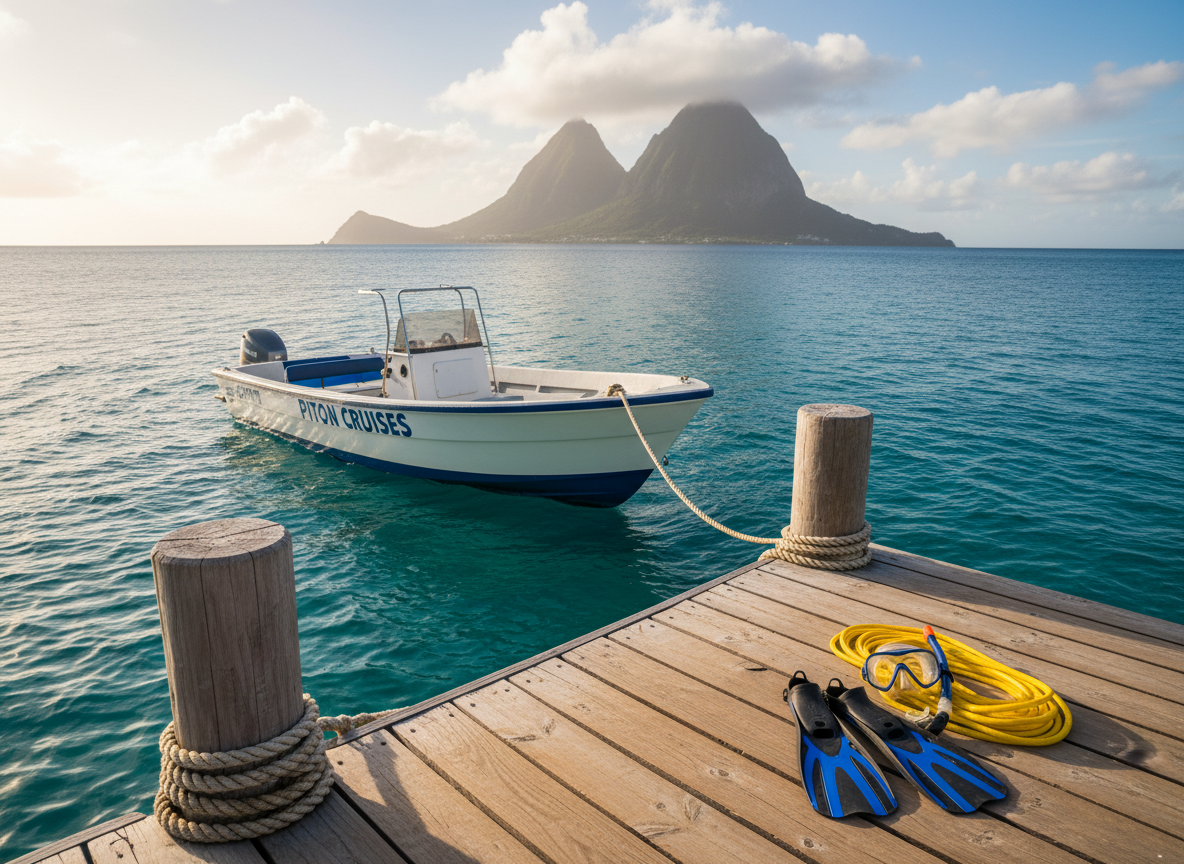 A high-resolution photographic scene capturing a St. Lucia coastal tour experience through objects: a sturdy, white-and-blue tour boat tied to a small wooden dock, calm turquoise water gently lapping against weathered posts, and snorkeling gear—fins, mask, and a neatly coiled rope—arranged on the dock planks. The iconic Piton-like volcanic silhouettes rise in the distant background, partially framed by soft clouds. Warm, clear late-morning sunlight reflects off the water, creating sparkling highlights and soft, natural shadows under the boat and dock. Shot from a slightly elevated angle, using the rule of thirds, the image feels balanced and open. The mood is inviting, refreshing, and organized, aligning with a professional tour operator’s blog aesthetic.