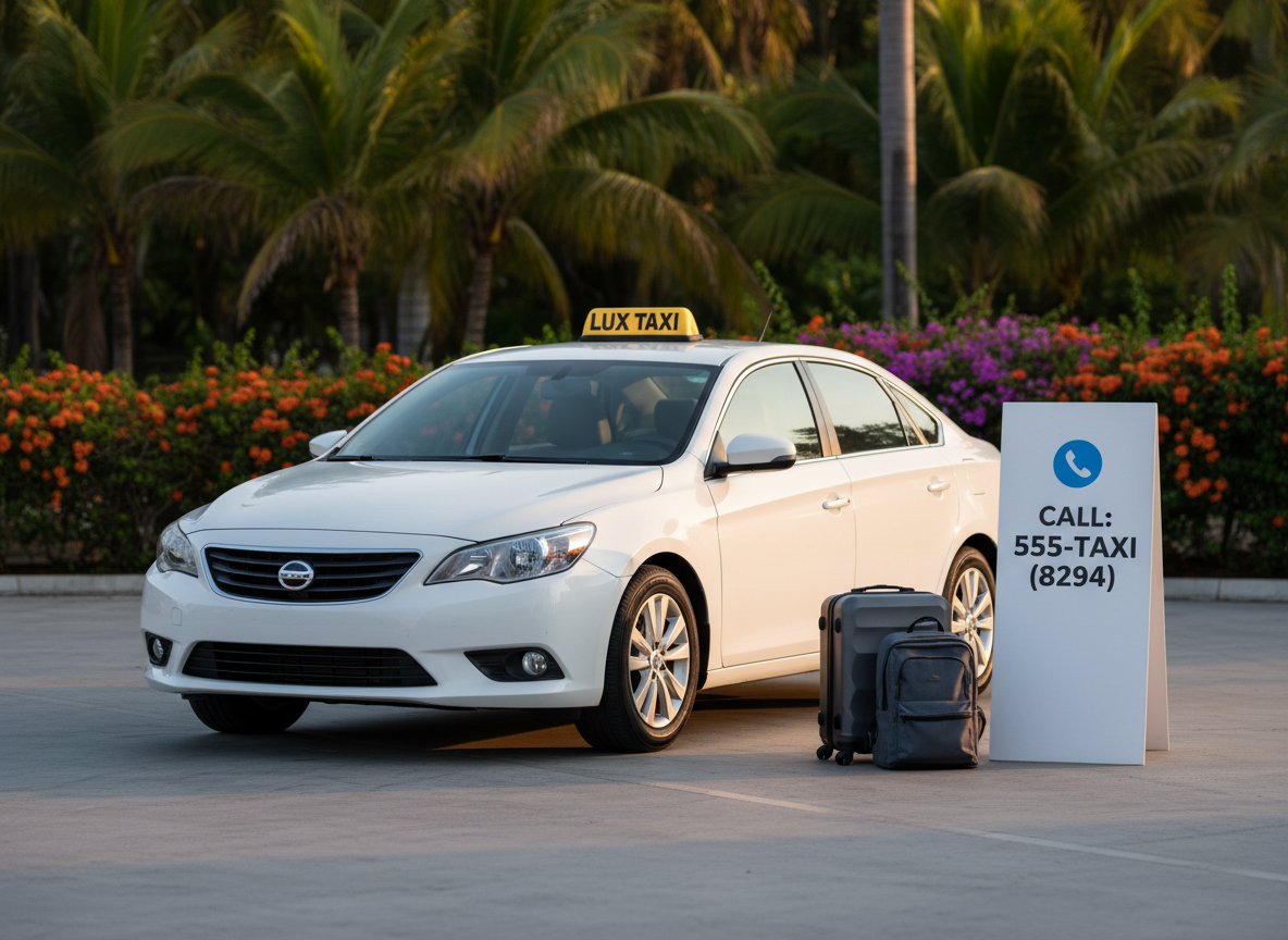 A sleek, professional taxi service advertisement scene without people: a shiny, well-maintained taxi car viewed three-quarters from the front, parked neatly on clean pavement near lush tropical greenery, with a small luggage set positioned beside it. The taxi sign on the roof is crisply legible, and a subtle phone icon and number are displayed on a clean, freestanding signboard next to the vehicle. Late-afternoon golden hour light creates soft highlights on the car’s polished surface and gentle shadows on the ground. Captured at eye level with moderate depth of field, the background of palm fronds and flowering shrubs is slightly blurred. The mood is reliable, safe, and efficient, in a contemporary photographic style suitable for a professional service ad.