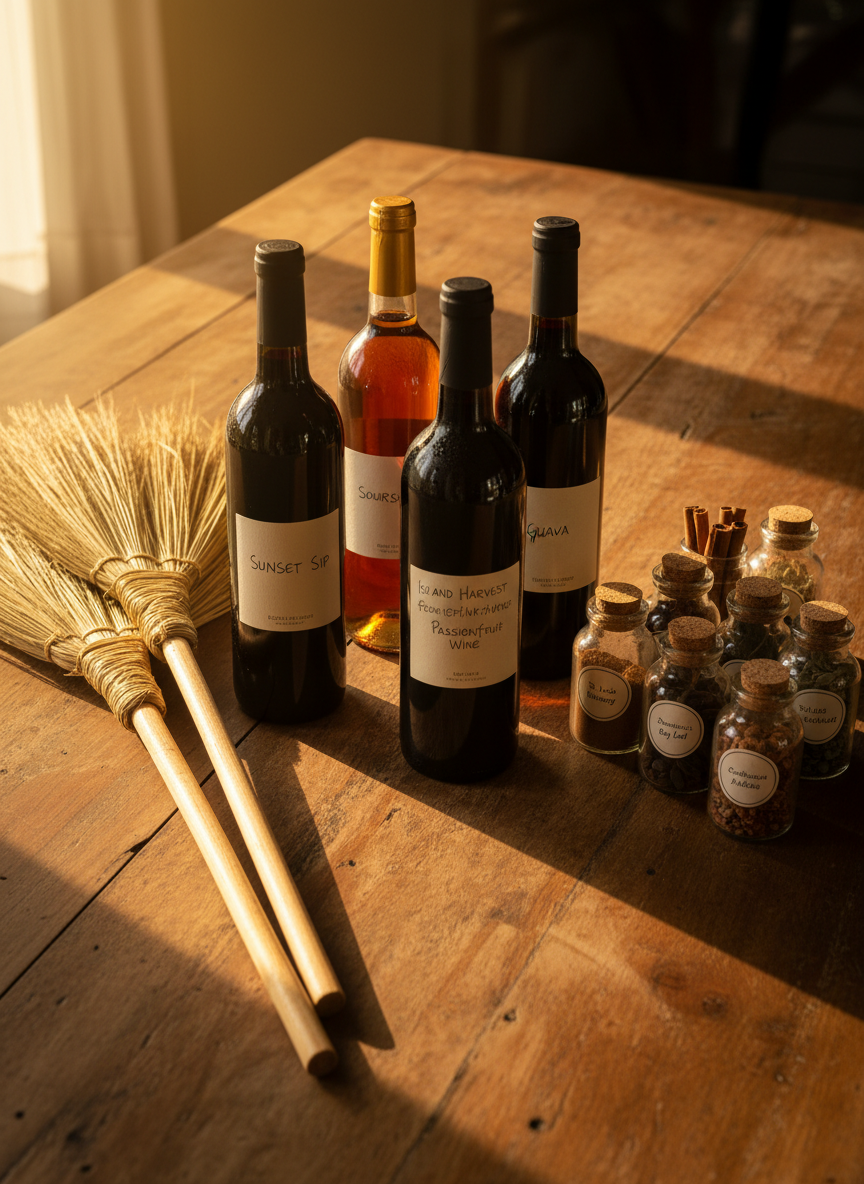 A meticulously arranged display of local products from St. Lucia and Dominica on a rustic, honey-toned wooden table: hand-tied straw brooms with tightly woven, golden fibers and smooth wooden handles; dark glass bottles of homemade fruit wine with handwritten labels; and small labeled jars of local spices. Each texture is rendered in sharp photographic realism, from the straw’s fine strands to the condensation on a chilled wine bottle. Warm afternoon light enters from the side, casting gentle, elongated shadows and giving everything a welcoming glow. Shot from a slightly elevated angle using the rule of thirds, the composition feels balanced and orderly. The mood is authentic, artisanal, and professional, reinforcing the blog’s focus on genuine Caribbean products and services.
