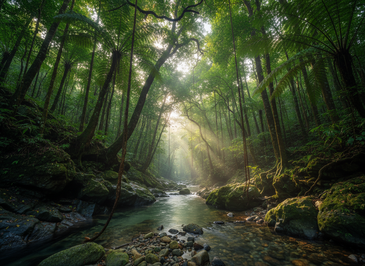 A dramatic, photographic landscape of a Dominica rainforest gorge, rendered without people but rich in detail: towering emerald-green trees, thick vines cascading down moss-covered rocks, and a narrow, crystal-clear river winding through smooth, dark stones. Mist hangs lightly in the air, catching soft, diffused morning light that filters through the canopy, producing delicate beams and subtle highlights on wet leaves. Shot from a low angle near the riverbank, with a wide-angle lens feel, the composition draws the eye along the river into the depth of the forest. The mood is adventurous yet serene, emphasizing unspoiled natural beauty, perfect for illustrating eco-tours and nature excursions in a professional vacation blog.