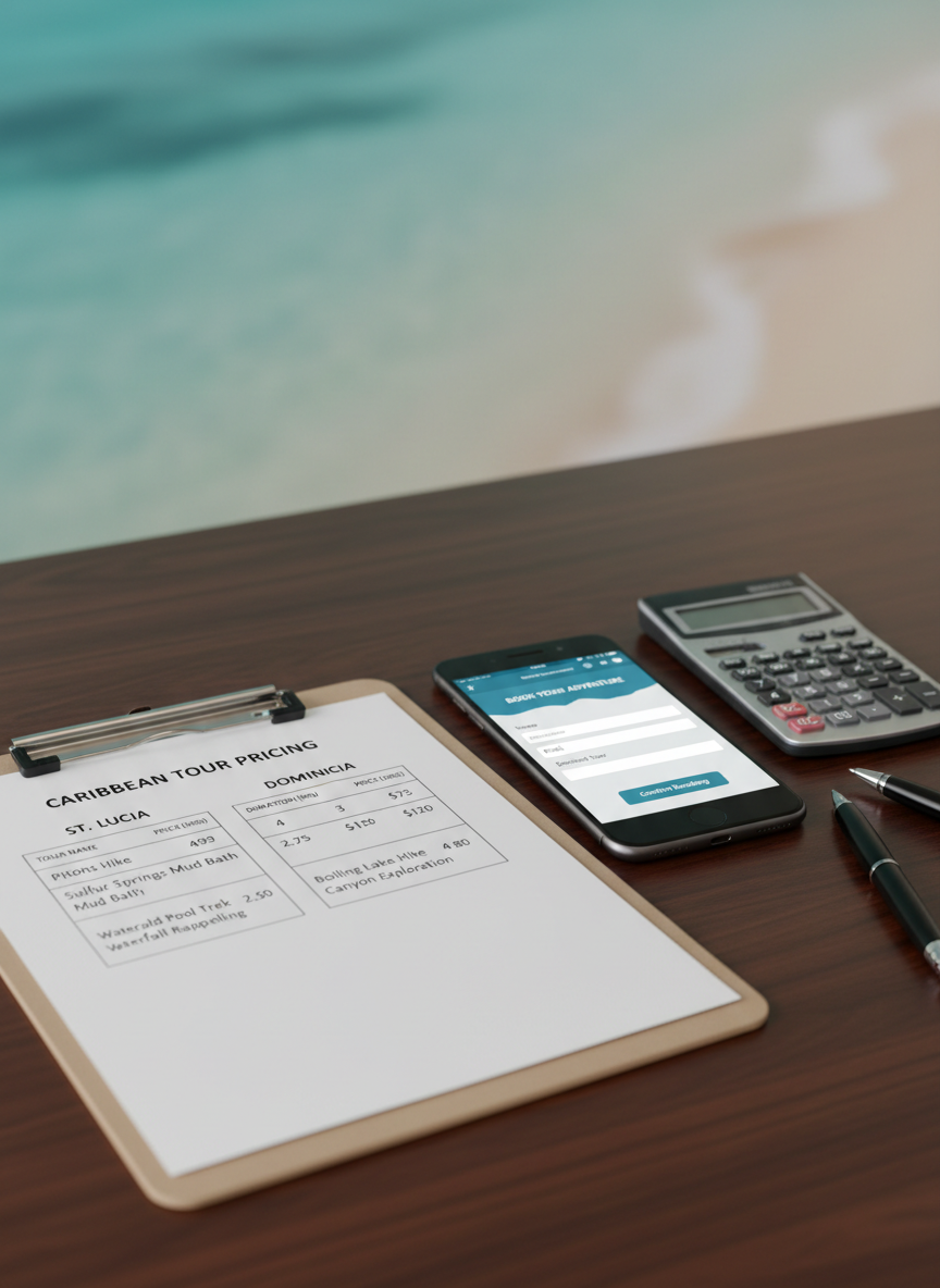 A close-up photographic scene of a detailed tour pricing clipboard resting on a polished dark wood counter, the paper neatly printed with clear columns of St. Lucia and Dominica tour names, durations, and prices in tidy typography. Beside it, a modern smartphone displays an open booking page, and a simple calculator and pen lie carefully placed nearby. Soft, diffused overhead lighting illuminates the scene, adding subtle reflections to the phone screen and calculator buttons. The background fades into a gentle blur of teal and sandy beige colors, echoing Caribbean tones. Captured at eye level with shallow depth of field, the mood is professional, transparent, and trustworthy, emphasizing clarity and organization for visitors comparing vacation tour options.