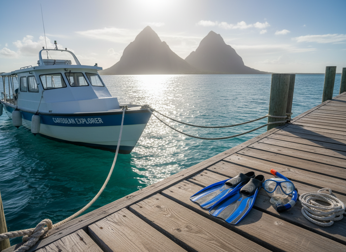 A high-resolution photographic scene capturing a St. Lucia coastal tour experience through objects: a sturdy, white-and-blue tour boat tied to a small wooden dock, calm turquoise water gently lapping against weathered posts, and snorkeling gear—fins, mask, and a neatly coiled rope—arranged on the dock planks. The iconic Piton-like volcanic silhouettes rise in the distant background, partially framed by soft clouds. Warm, clear late-morning sunlight reflects off the water, creating sparkling highlights and soft, natural shadows under the boat and dock. Shot from a slightly elevated angle, using the rule of thirds, the image feels balanced and open. The mood is inviting, refreshing, and organized, aligning with a professional tour operator’s blog aesthetic.