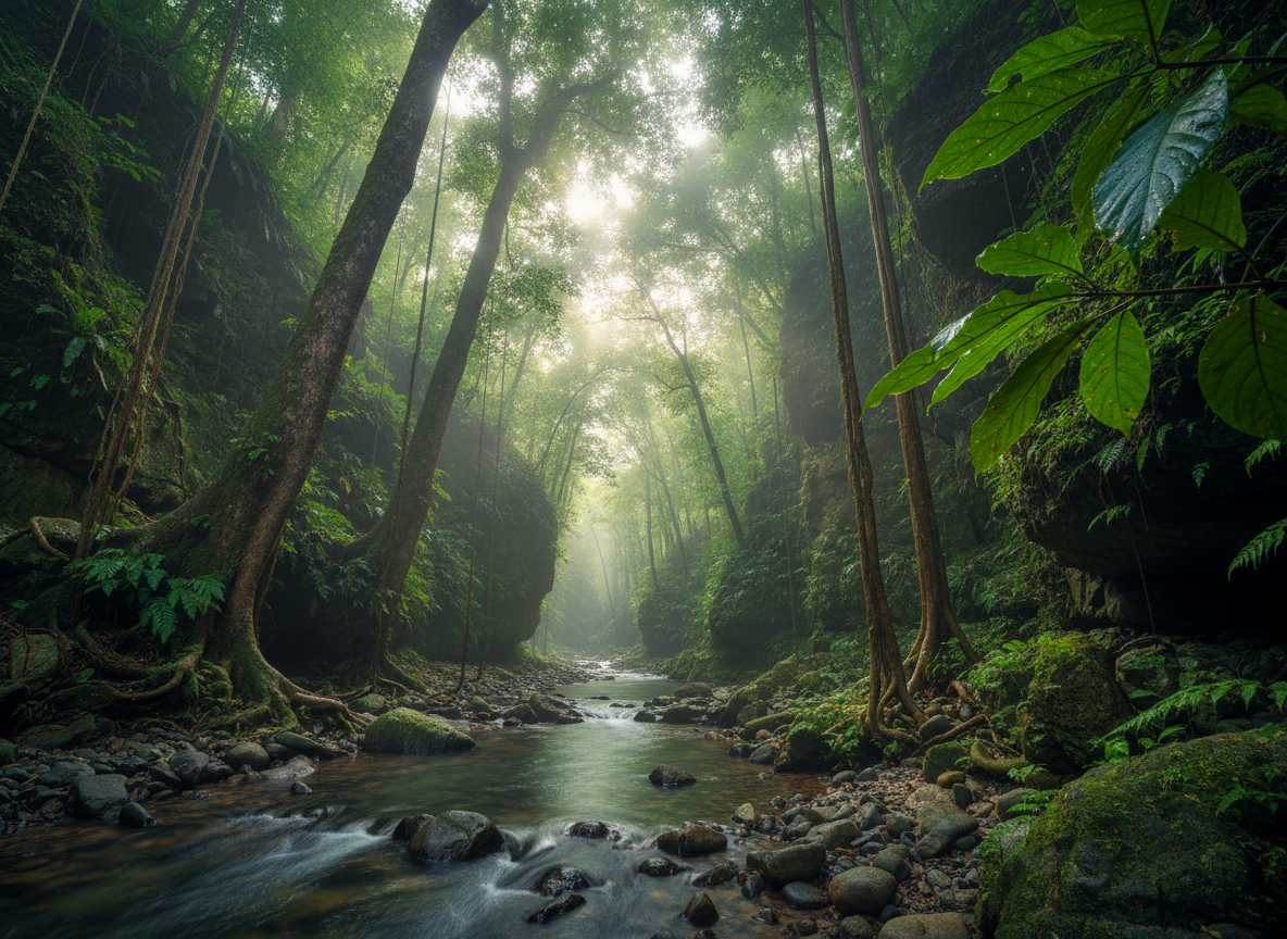 A dramatic, photographic landscape of a Dominica rainforest gorge, rendered without people but rich in detail: towering emerald-green trees, thick vines cascading down moss-covered rocks, and a narrow, crystal-clear river winding through smooth, dark stones. Mist hangs lightly in the air, catching soft, diffused morning light that filters through the canopy, producing delicate beams and subtle highlights on wet leaves. Shot from a low angle near the riverbank, with a wide-angle lens feel, the composition draws the eye along the river into the depth of the forest. The mood is adventurous yet serene, emphasizing unspoiled natural beauty, perfect for illustrating eco-tours and nature excursions in a professional vacation blog.
