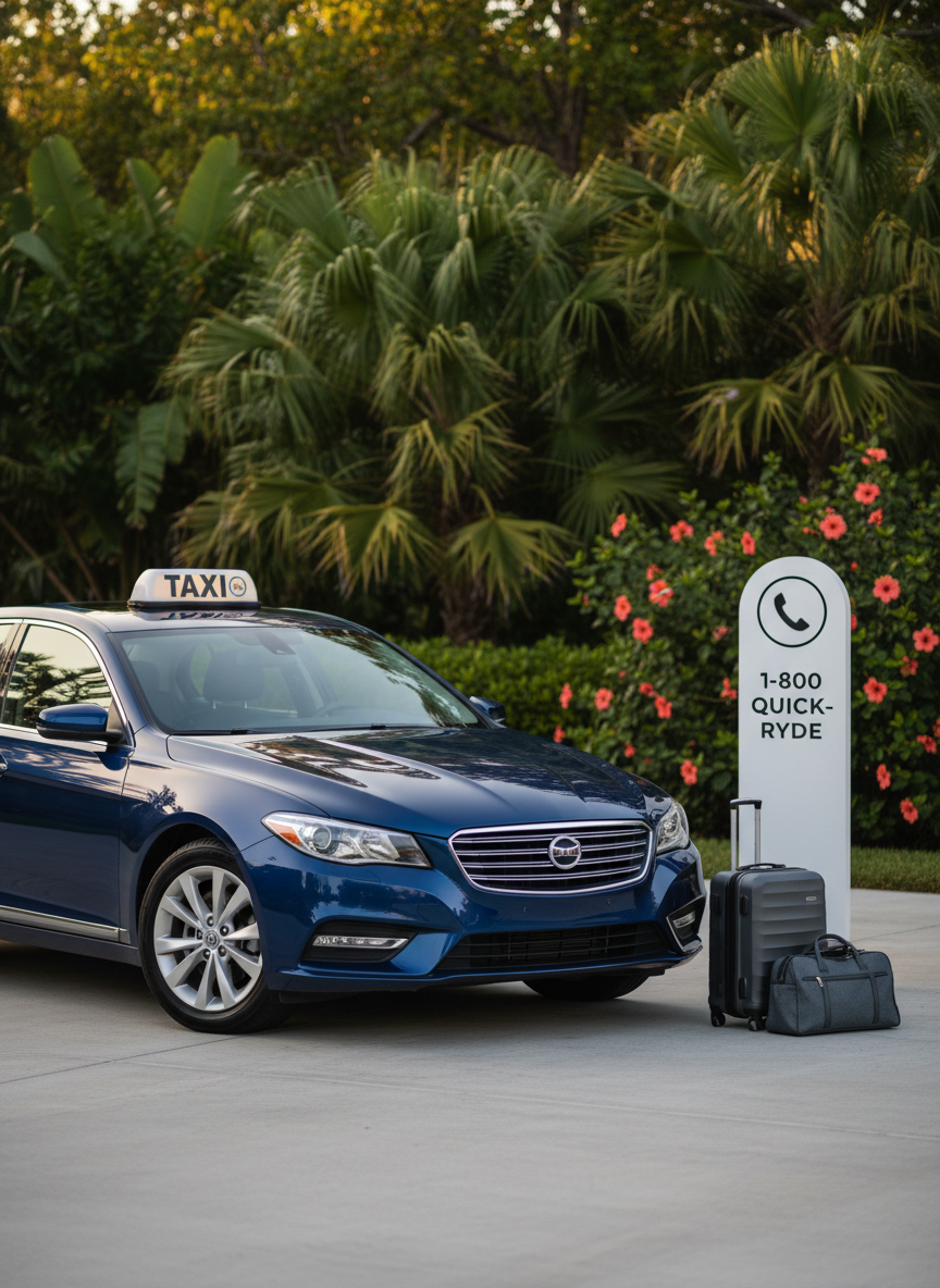 A sleek, professional taxi service advertisement scene without people: a shiny, well-maintained taxi car viewed three-quarters from the front, parked neatly on clean pavement near lush tropical greenery, with a small luggage set positioned beside it. The taxi sign on the roof is crisply legible, and a subtle phone icon and number are displayed on a clean, freestanding signboard next to the vehicle. Late-afternoon golden hour light creates soft highlights on the car’s polished surface and gentle shadows on the ground. Captured at eye level with moderate depth of field, the background of palm fronds and flowering shrubs is slightly blurred. The mood is reliable, safe, and efficient, in a contemporary photographic style suitable for a professional service ad.